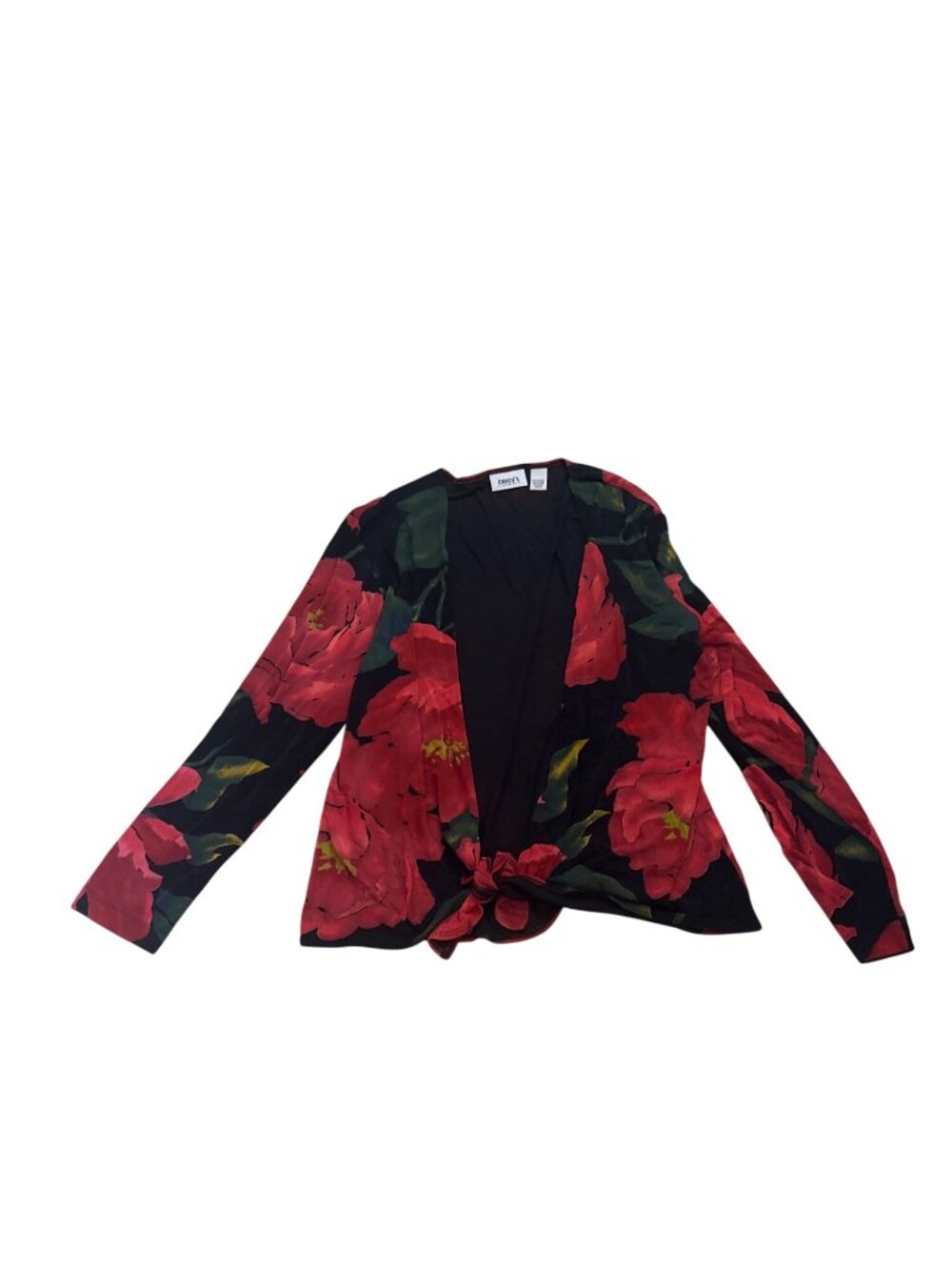 Chicos Travelers Open Front Floral Cardigan Jacket XL (3) Red & Black Romantic